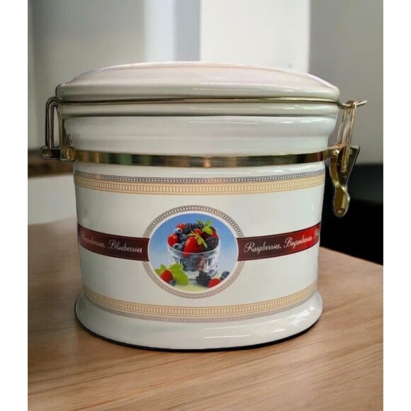 VTG KNOTT’S BERRY FARM 2007 Canister Storage Jar Hinged Lid Ceramic Fruit Print - Picture 1 of 16